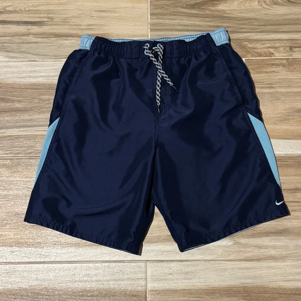 Vintage Nike Swim Trunks Mens Small Navy Light Blue Blocked Volley Shorts Y2K